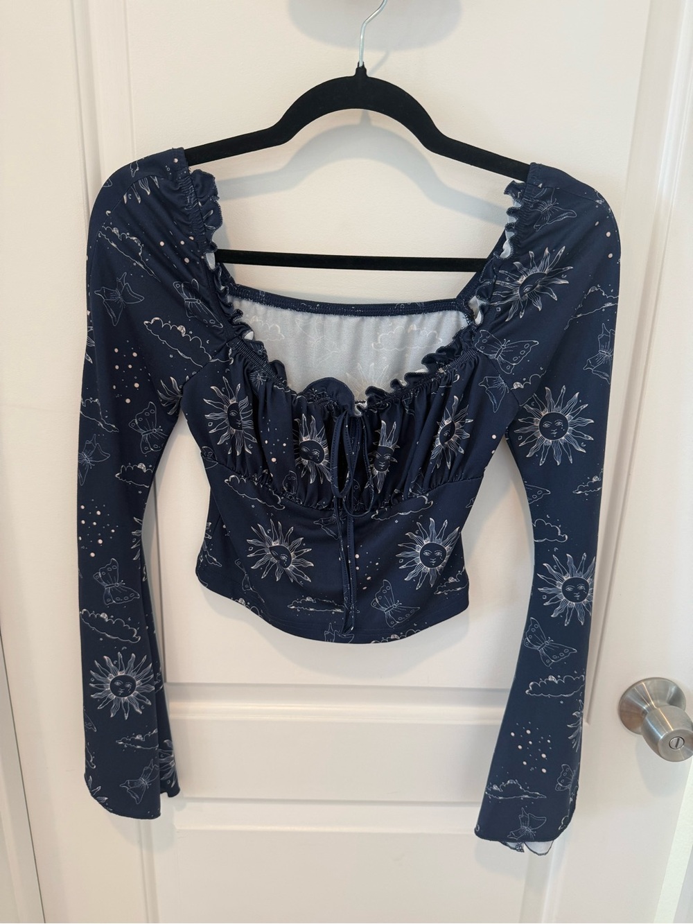Navy Sun & Moon Ruched Long-Sleeve Crop Top